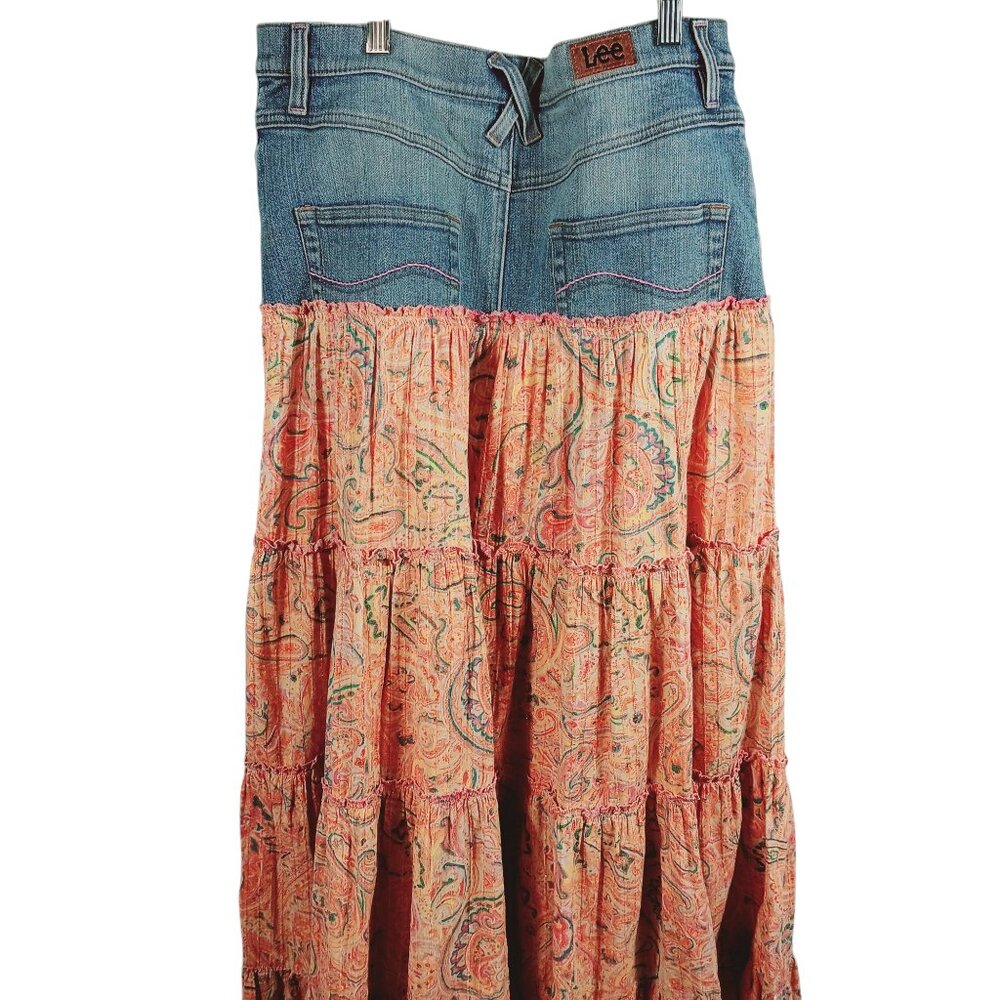 Lee, Mixed Media Midi Skirt Denim/Cotton Print, Size 9 M, Tiered Bottom, Western - Picture 9 of 16